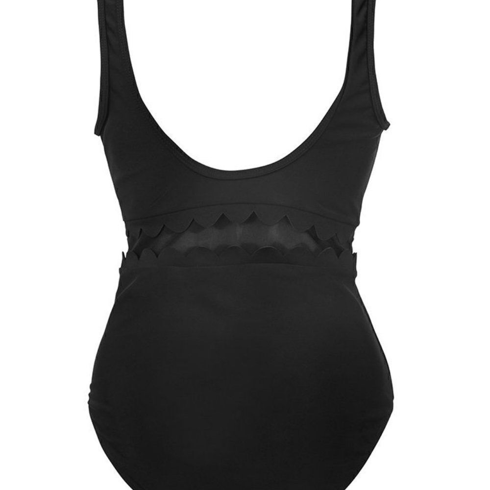 Solid black V neck , with scallops one piece size small- cupshe - Picture 3 of 4